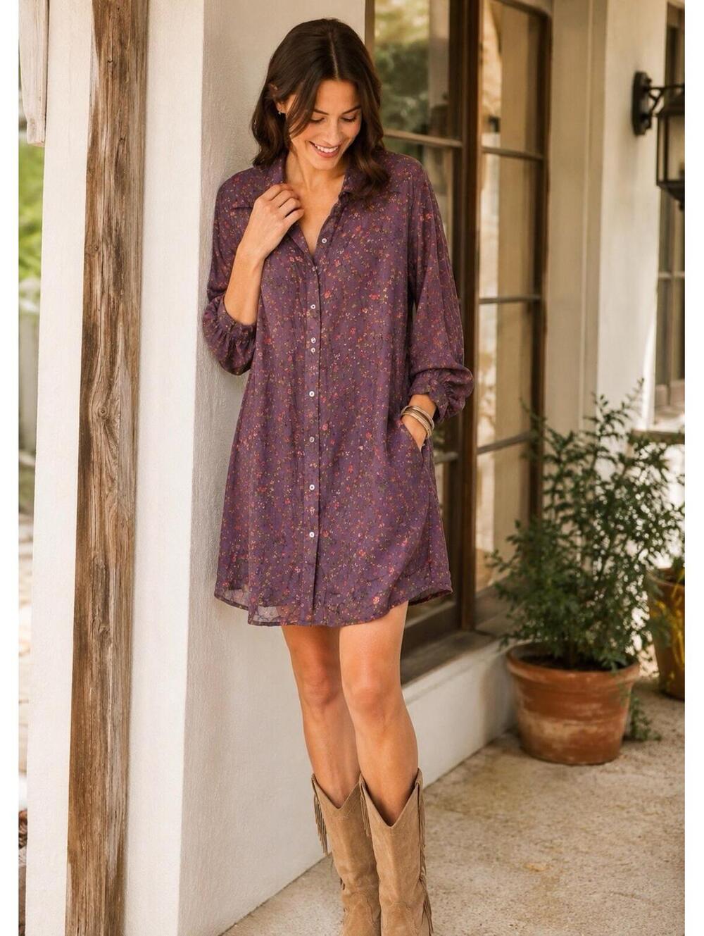 Sundance Women’s Small Purple Micro Floral Cotton Blend Lightweight Button Dress